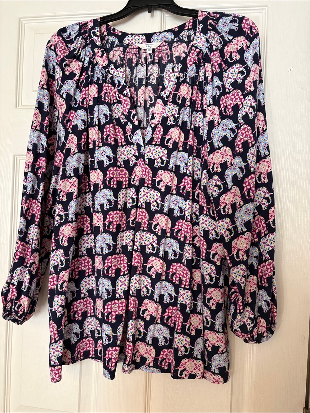 crown & ivy Navy Elephant Print Peasant Top with Pink & Light Blue